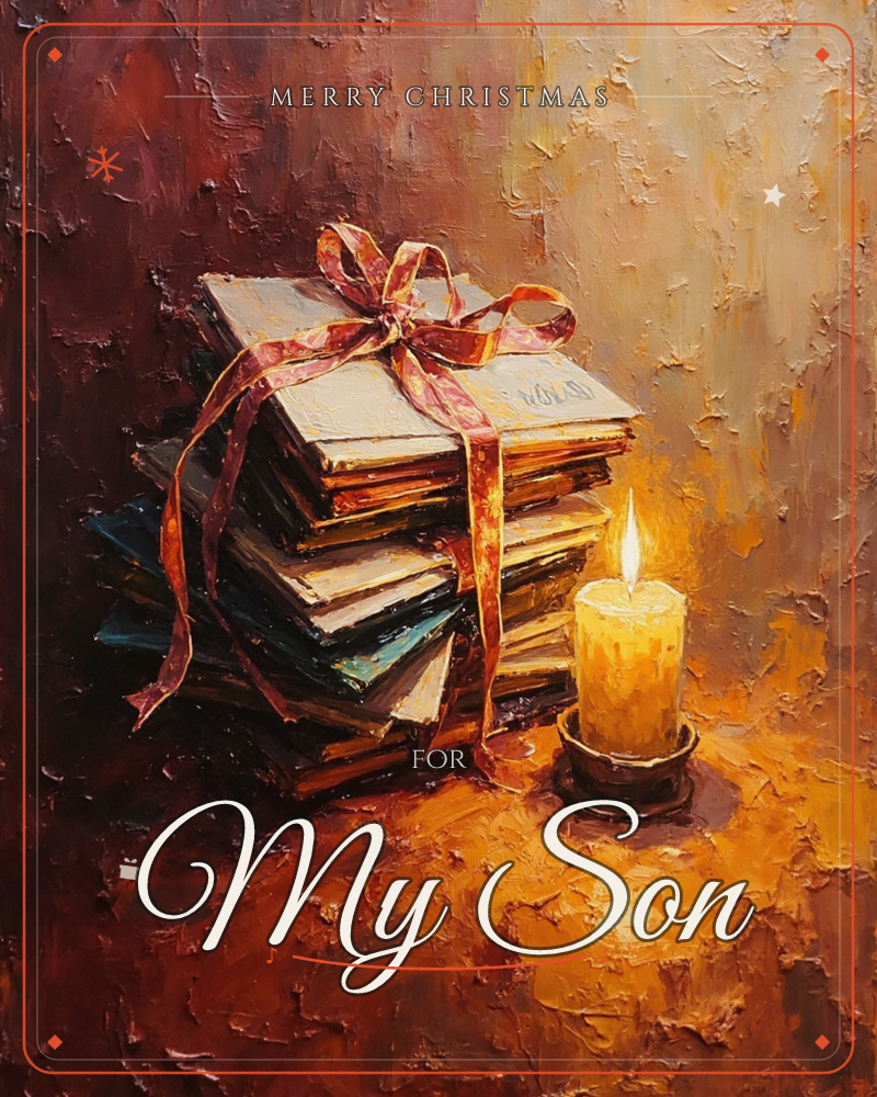 A thick stack of old books, bound together with a loosely tied ribbon bow, sits beside a lit candle on a warmly lit wooden surface, a christmas e-card design