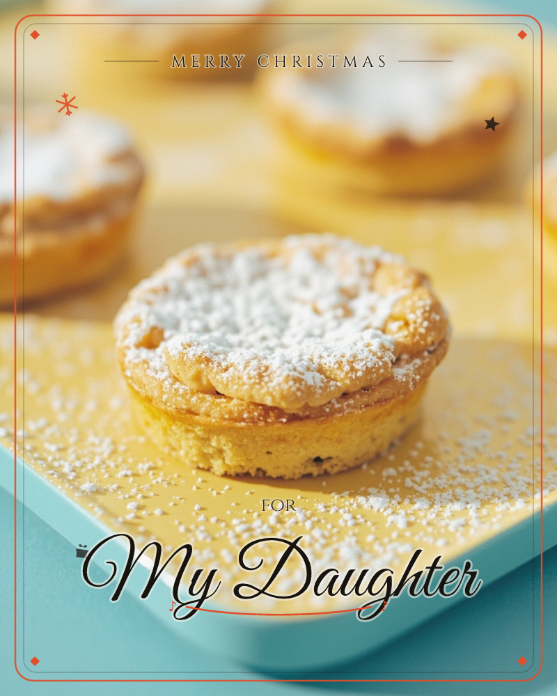 A close-up photograph of golden mini tarts dusted heavily with powdered sugar, sitting on a mustard-yellow plate rimmed in teal, a christmas e-card design