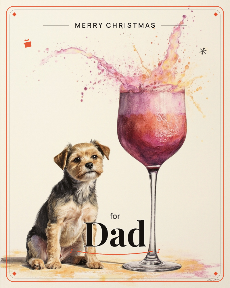 A small terrier puppy sits obediently beside an oversized wine glass, its rich red-pink contents splashing dramatically upward and outward in a burst…, a christmas e-card design