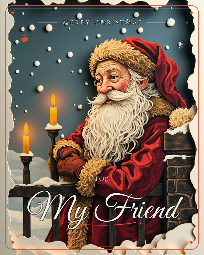 A paper-cut style illustration shows a Santa figure in a fur-trimmed red coat leaning on a snow-dusted wooden railing beside two lit candles, with soft…, a christmas e-card design