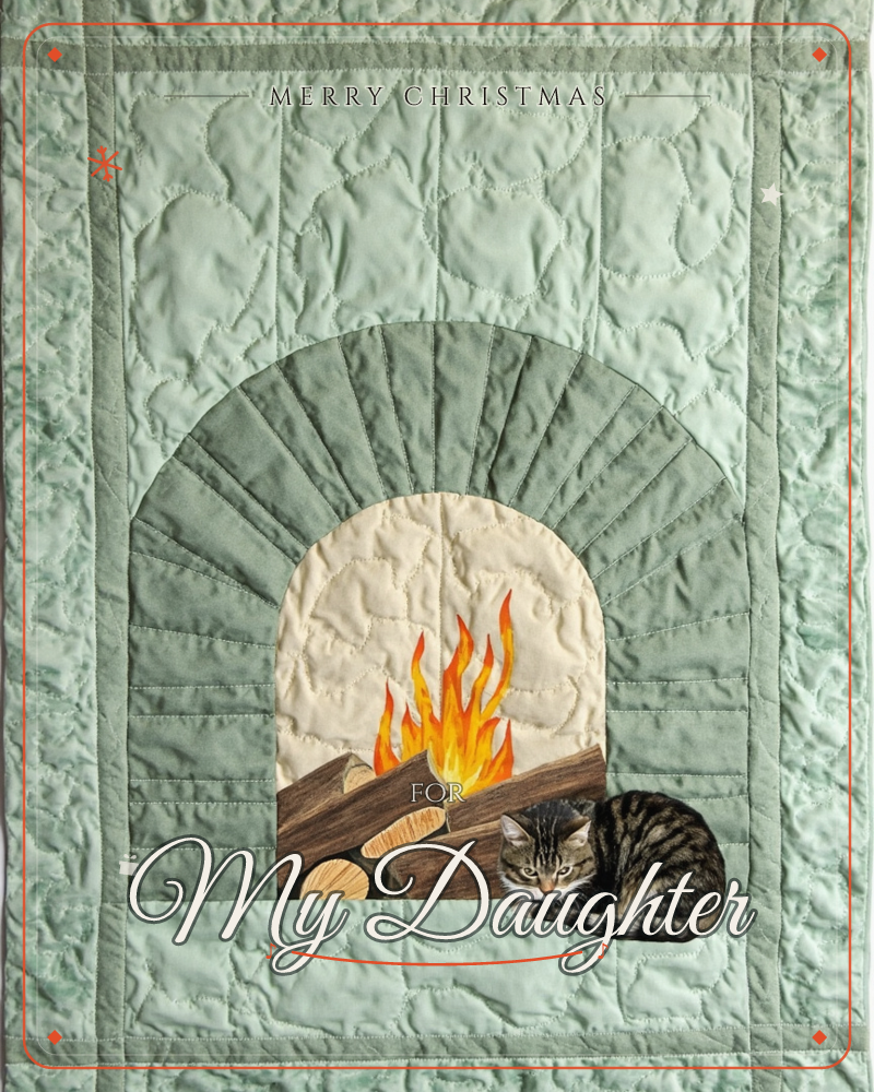 A quilted textile illustration shows a sage-green stone fireplace with a fanned arch, stitched logs glowing with appliqued orange and yellow flames, a christmas e-card design