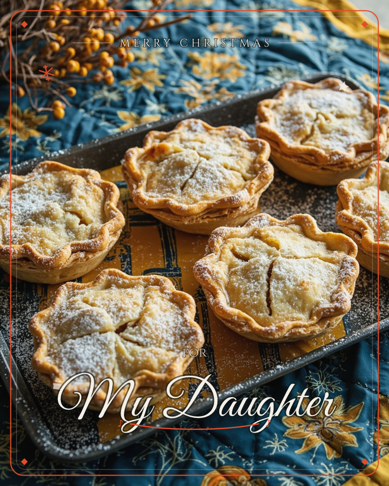 A tray of six mini pies with golden fluted crusts and dusted powdered sugar sits on a dark blue floral quilted cloth, with a sprig of orange berries…, a christmas e-card design