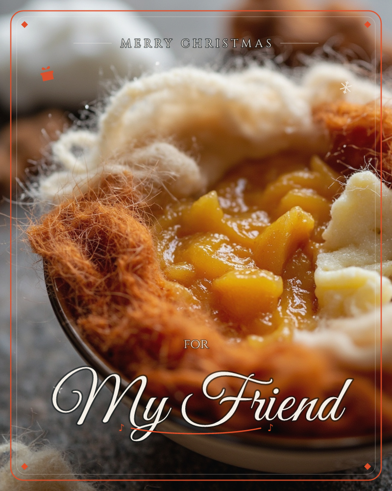 A close-up shot of a small bowl filled with golden, chunky mango or peach compote, framed by wispy tufts of white and rust-orange cotton candy that…, a christmas e-card design