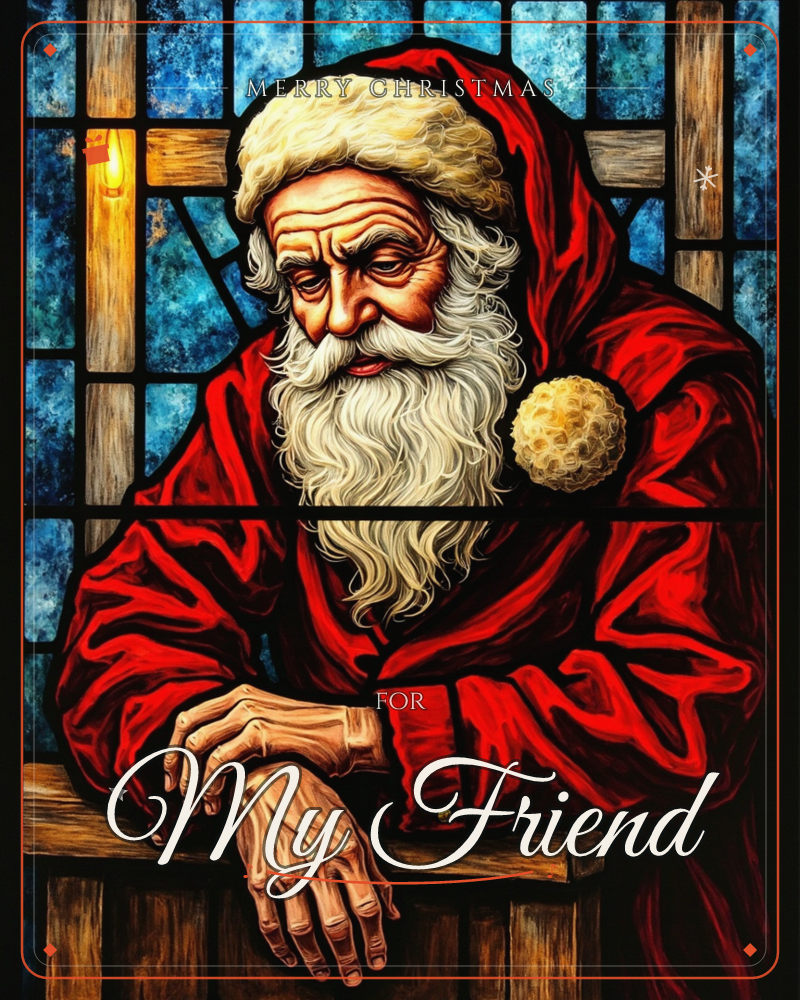 A stained-glass style portrait shows an elderly bearded man in a red hooded coat, leaning thoughtfully on a wooden ledge with his hands folded, a christmas e-card design