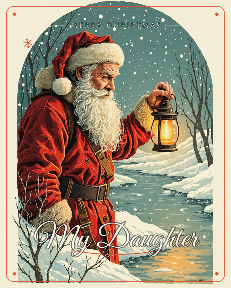 An arched illustration shows Santa Claus in profile, his long white beard catching the falling snow as he holds up a glowing lantern beside a frozen…, a christmas e-card design