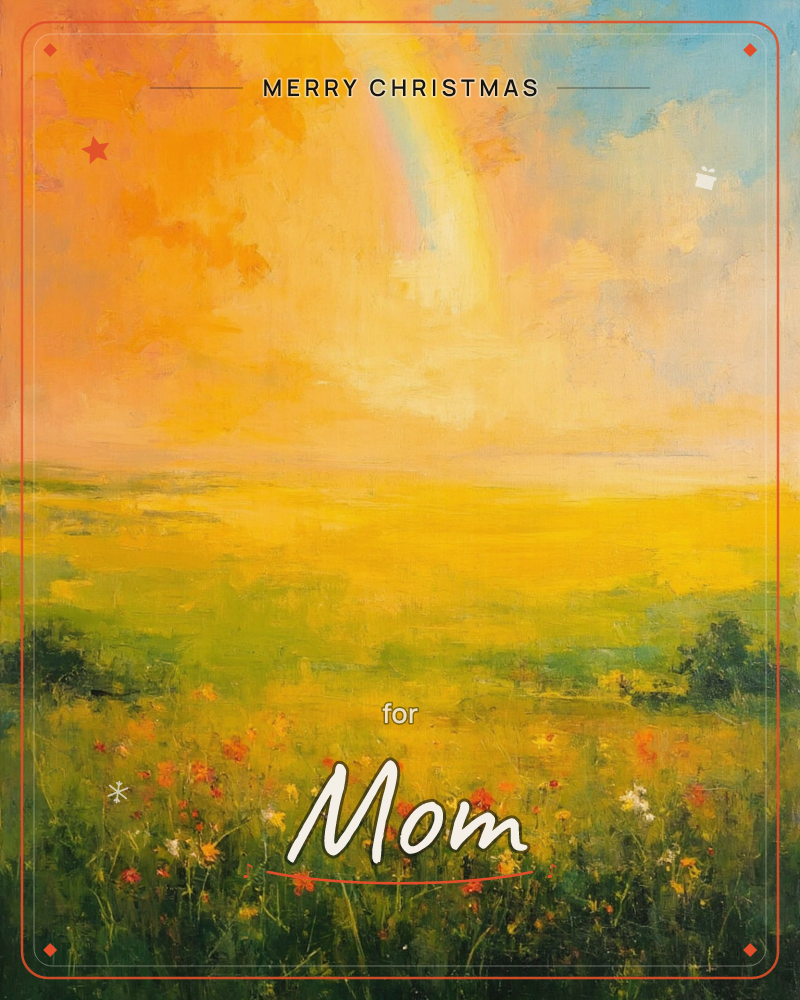 A wide meadow of wildflowers stretches toward a glowing horizon, where a soft rainbow arcs through an amber-and-blue sky, a christmas e-card design