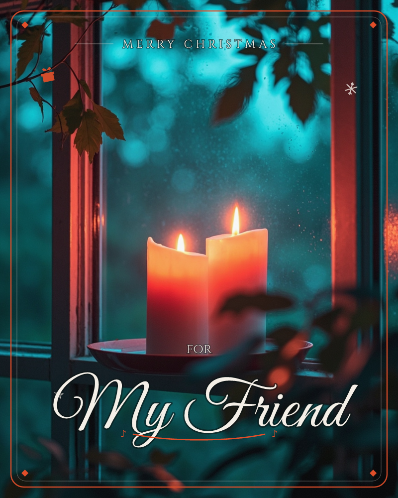 Two lit pillar candles glow on a plate set in a windowsill at dusk, their warm orange flames set against cool teal glass beaded with rain, a christmas e-card design