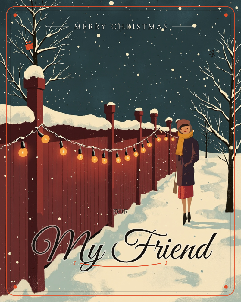 A woman in a long coat and pink hat walks alone along a snowy path beside a tall red fence strung with glowing string lights, a christmas e-card design