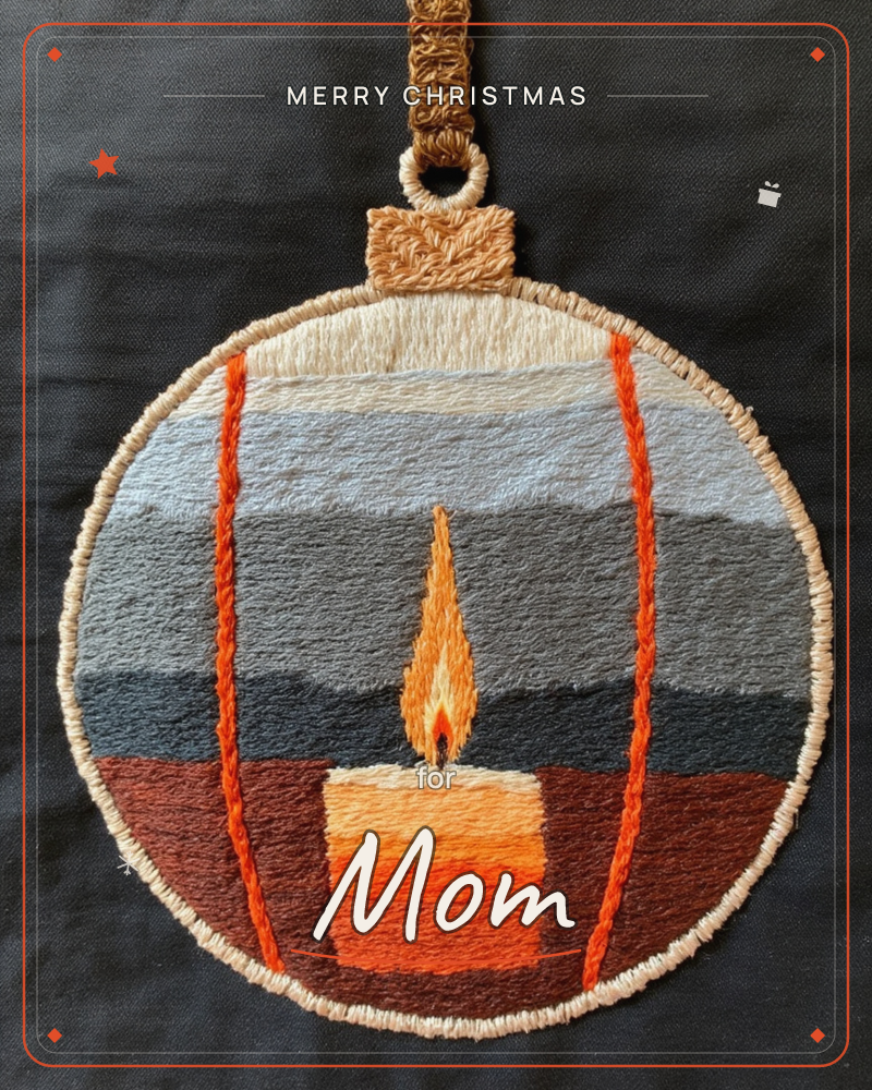 A round ornament shape rendered entirely in embroidery hangs against black fabric, its woven loop of cord forming the hanger at top, a christmas e-card design