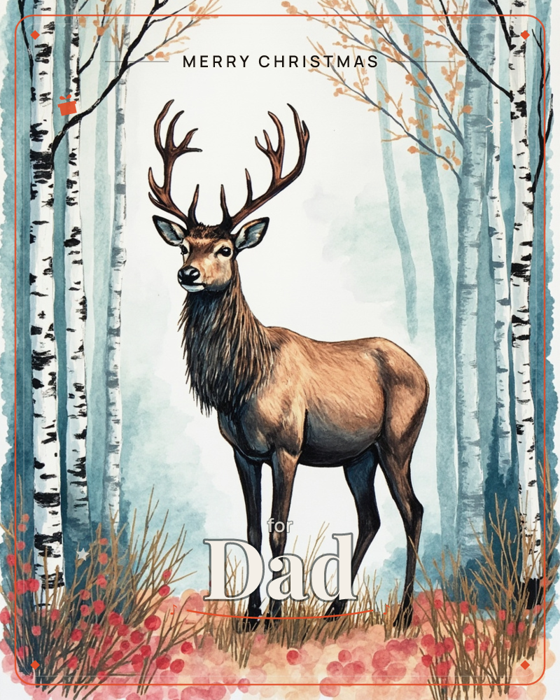 A stag with tall branching antlers stands facing forward in a birch grove, its shaggy neck fur catching soft light, a christmas e-card design