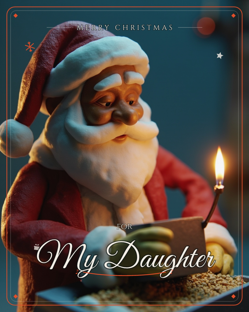 A claymation-style Santa figure leans over a small book, reading by the light of a single lit candle in the deep blue evening dark, a christmas e-card design
