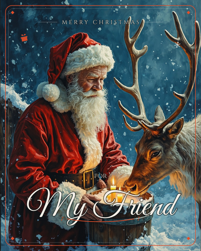 Santa stands close beside a large antlered reindeer, holding a wooden bucket lit by two small candles as snow falls around them, a christmas e-card design