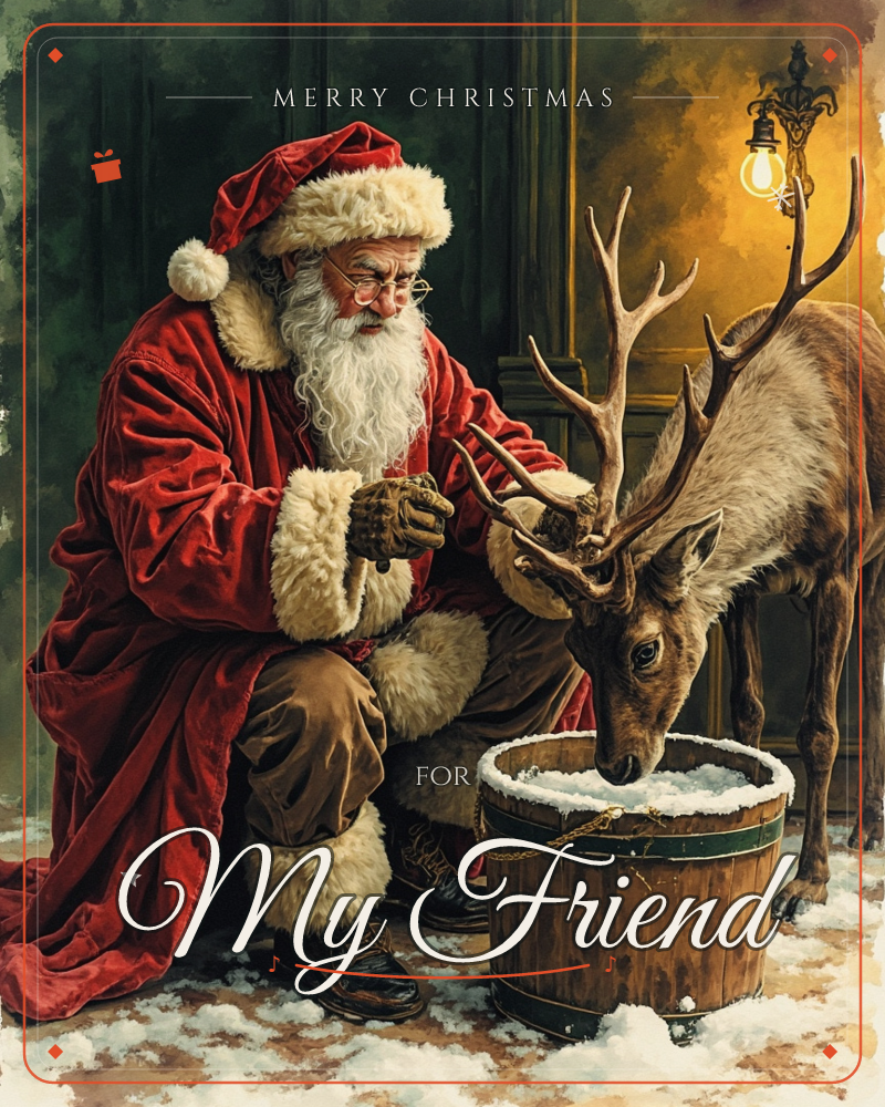 Santa Claus kneels in the snow beside a wooden bucket, gently steadying the antlers of a reindeer as it drinks, a christmas e-card design