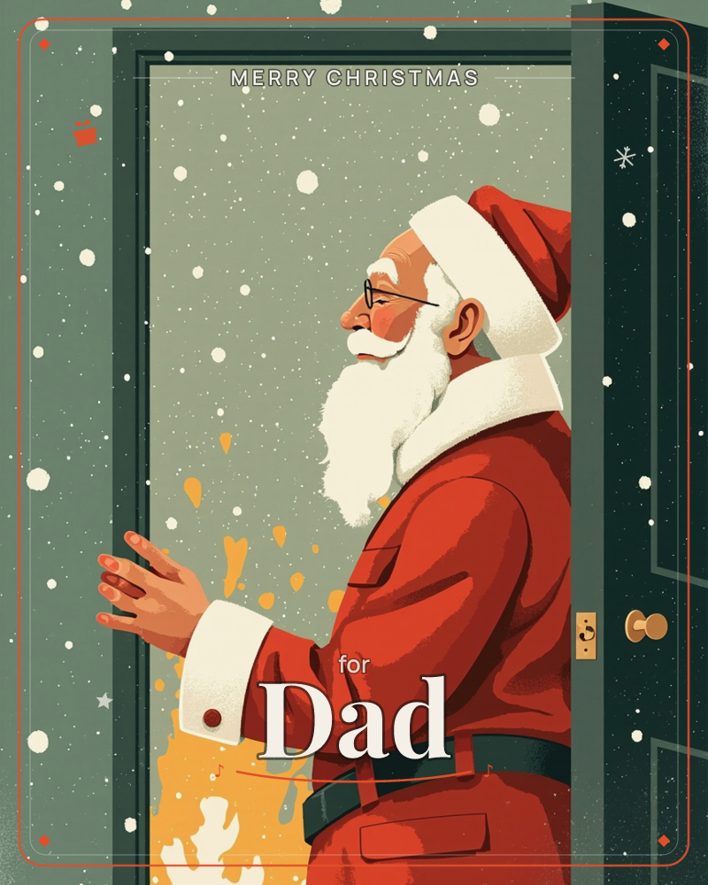 Santa Claus stands in profile framed by an open doorway, rubbing his hands together against the cold as snow falls in thick white dots outside, a christmas e-card design
