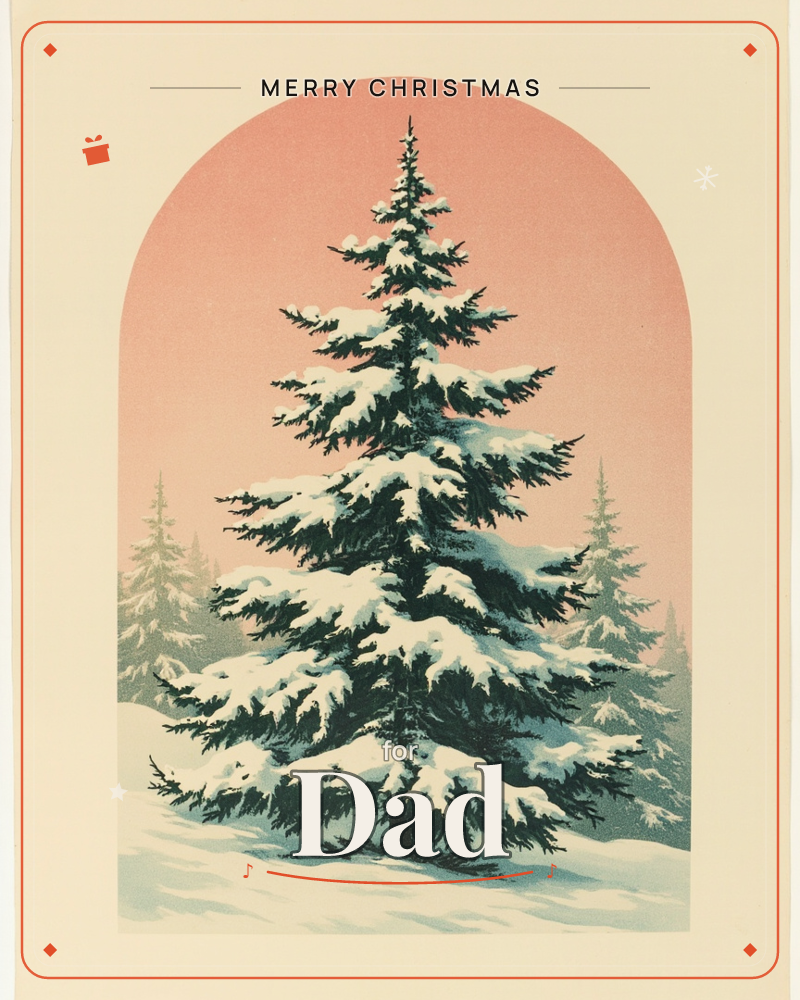 A snow-laden fir tree stands framed within an arched panel, its dark green boughs heavy with white drifts, a christmas e-card design