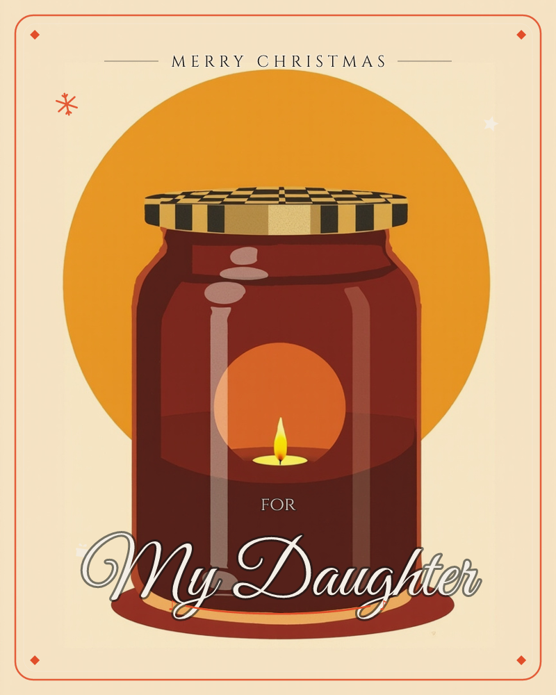 A large amber glass jar with a checkered lid sits centred against a warm orange sun on a cream background, and inside it a single small candle flame…, a christmas e-card design