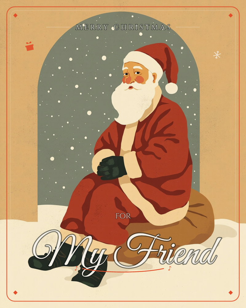 Santa Claus sits perched on his lumpy sack of gifts, hands clasped and resting, framed inside a tall stone archway as snow falls softly against a dusty…, a christmas e-card design