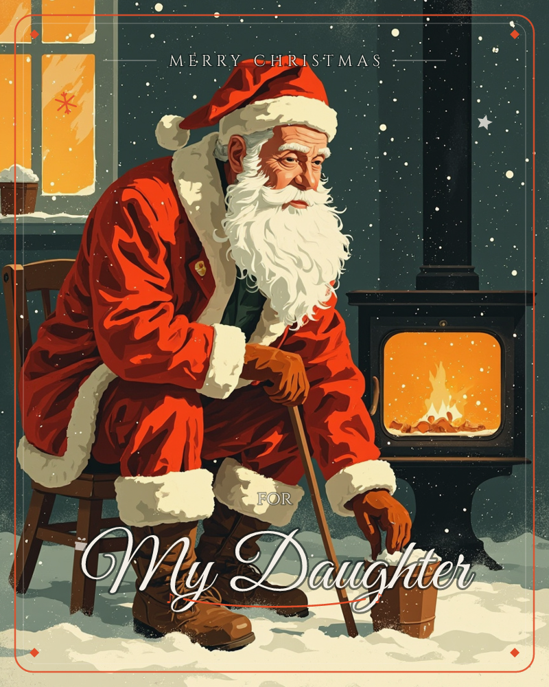 Santa sits on a wooden chair beside a glowing woodstove, leaning on his cane and dipping a hand toward a small snow-topped bucket, a christmas e-card design