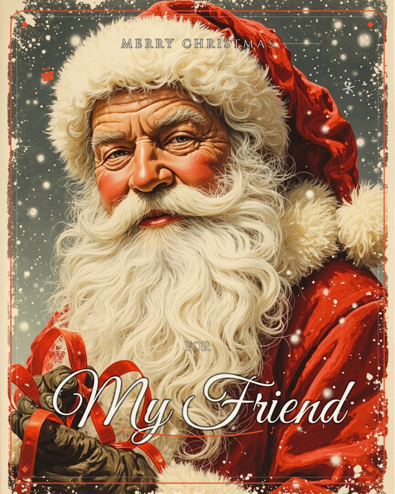 A close-up portrait of Santa Claus, his weathered face framed by a thick white beard and fur-trimmed red hat, snow falling softly against a dark teal…, a christmas e-card design