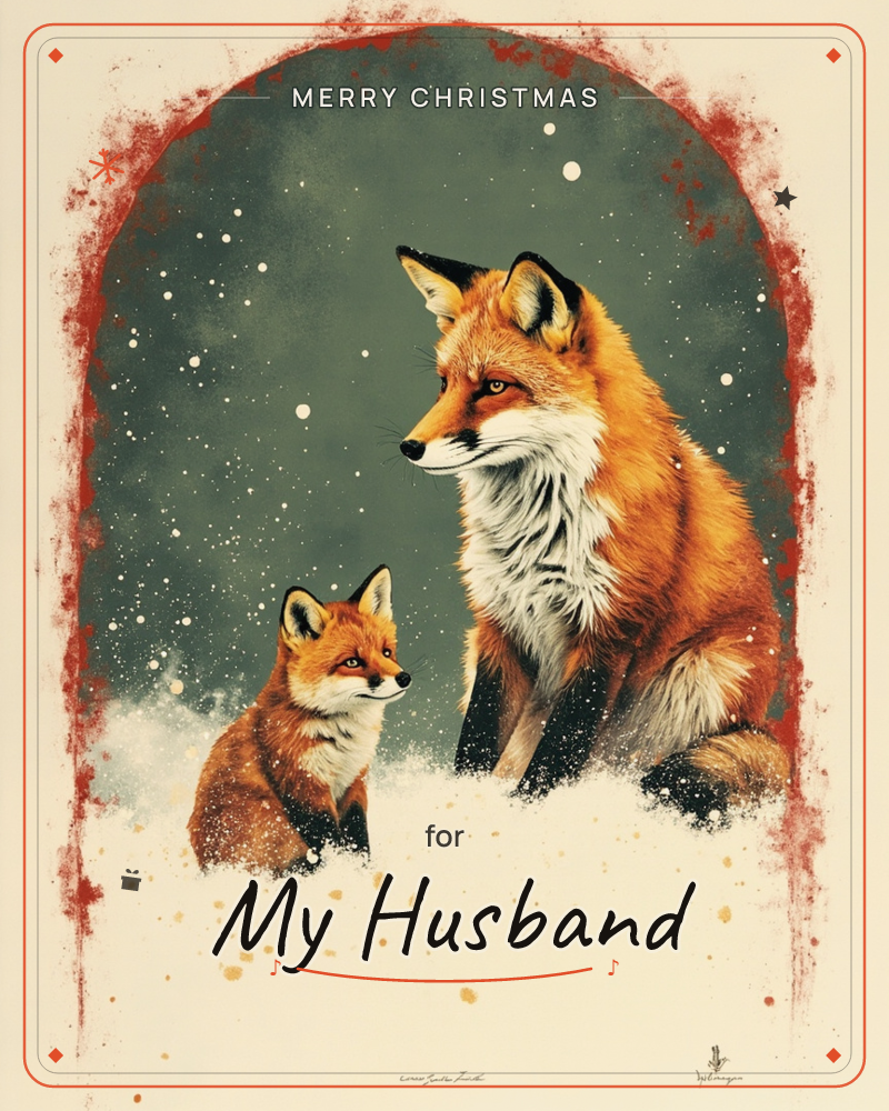 An adult fox and a smaller fox sit together in snow beneath a starry, moss-green sky, framed by a rough, hand-painted red arch, a christmas e-card design