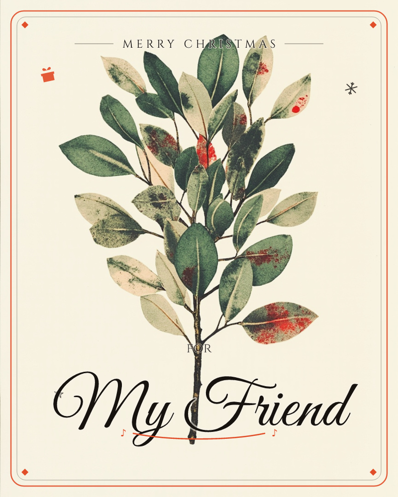 A single leafy branch stands centred on a soft cream background, its oval leaves rendered in mottled green, sandy beige and speckled with flecks of…, a christmas e-card design