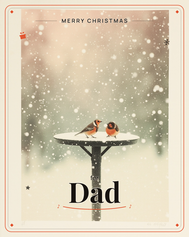 Two round-bellied robins with orange breasts perch face to face on a snow-dusted bird table, its dark post rising from a soft, blurred garden, a christmas e-card design