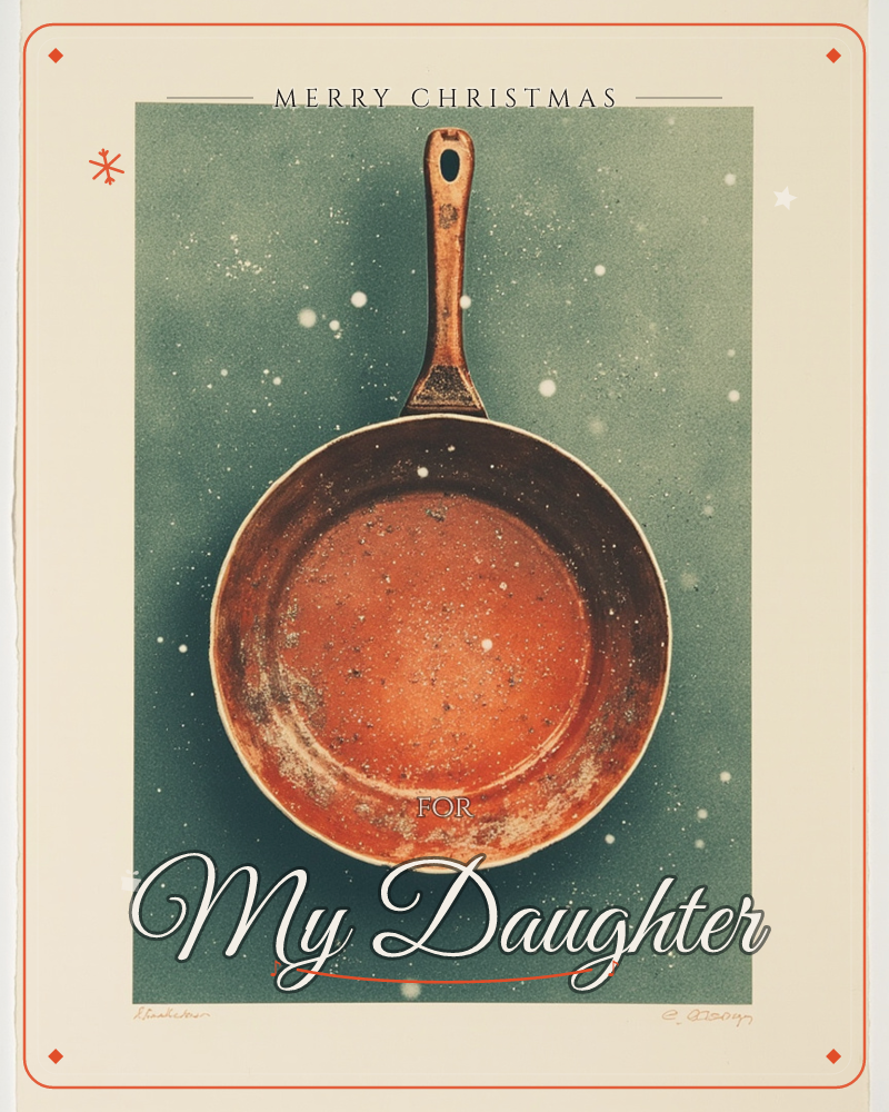 A well-worn copper frying pan is shown from directly above, its curved handle pointing upward, set against a mottled teal-green background flecked with…, a christmas e-card design