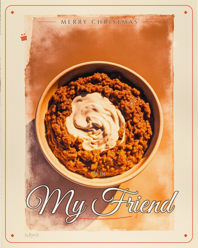 A shallow bowl of chili sits centre-frame, topped with a swirl of sour cream, photographed from directly above against a hand-painted rust-orange…, a christmas e-card design