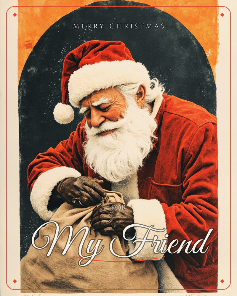 A Santa figure with a full white beard leans over a burlap sack, tying it closed with weathered gloved hands, a christmas e-card design