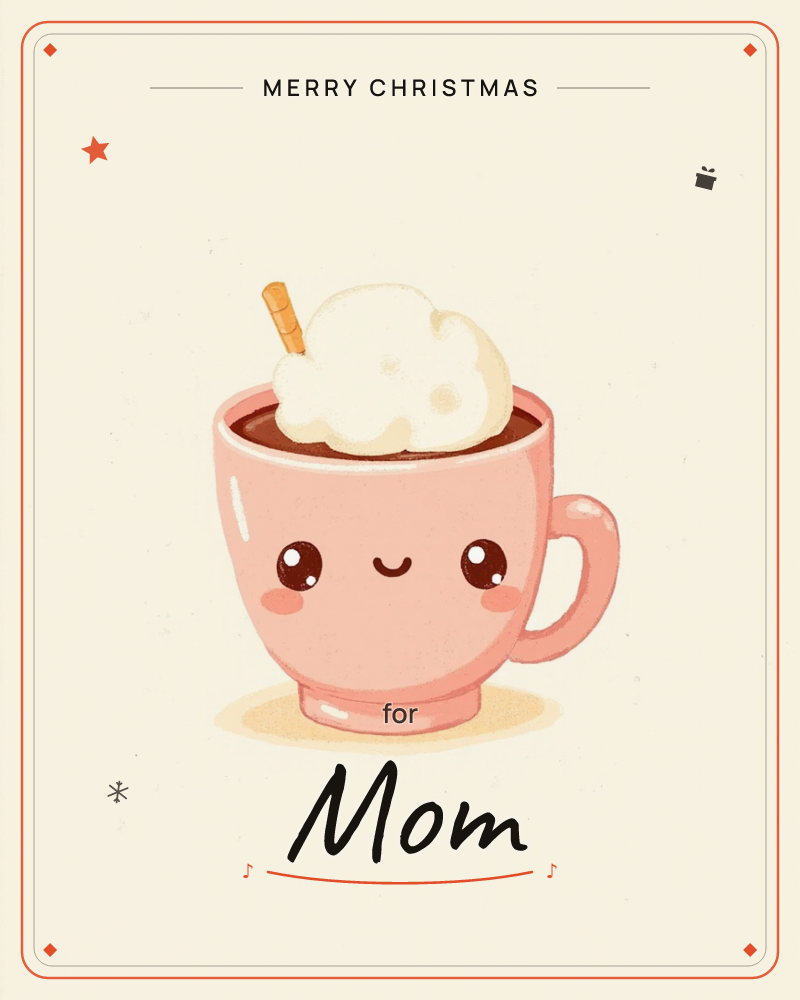 A pink teacup with a round smiling face holds dark hot chocolate topped with a swirl of whipped cream and a thin wafer stick, a christmas e-card design