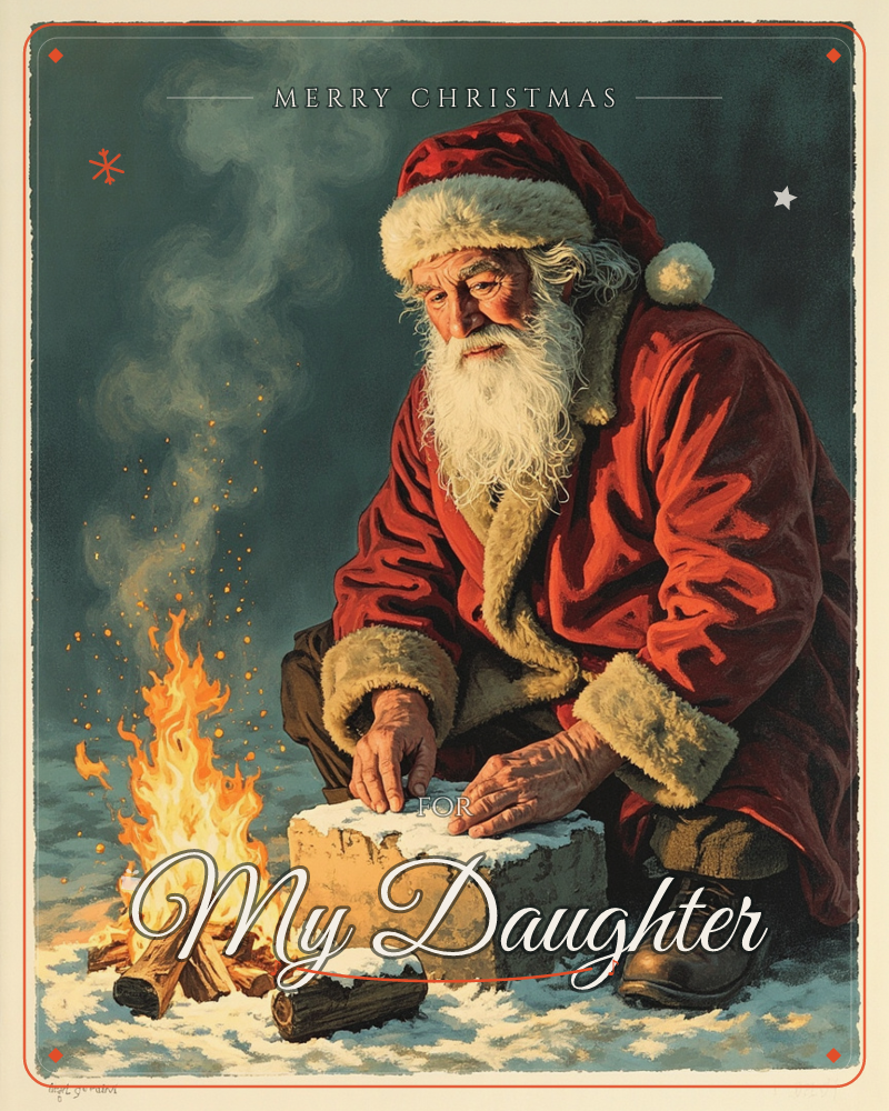 An elderly man in a fur-trimmed red coat and cap kneels in the snow beside a crackling campfire, warming his weathered hands over a stone block, a christmas e-card design