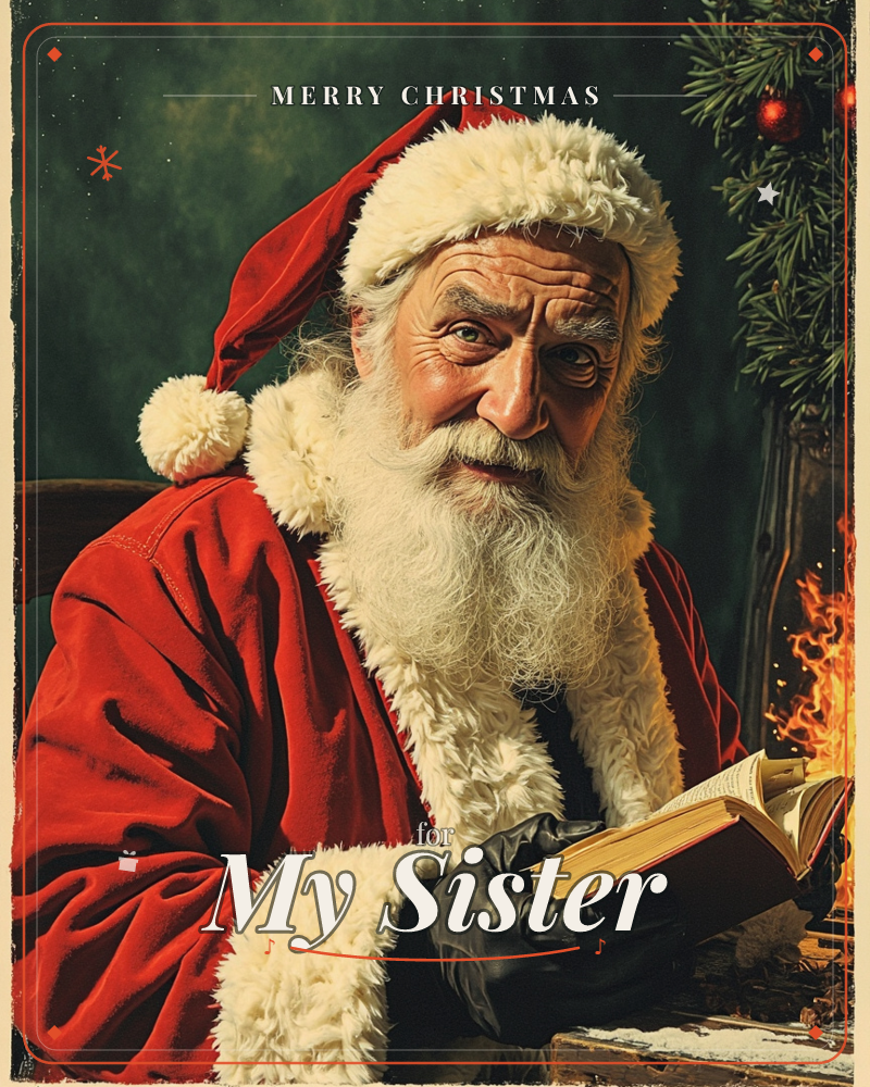 Santa Claus sits by a crackling fire, holding an open book in his gloved hands, his white beard and fur trim glowing in the warm light, a christmas e-card design
