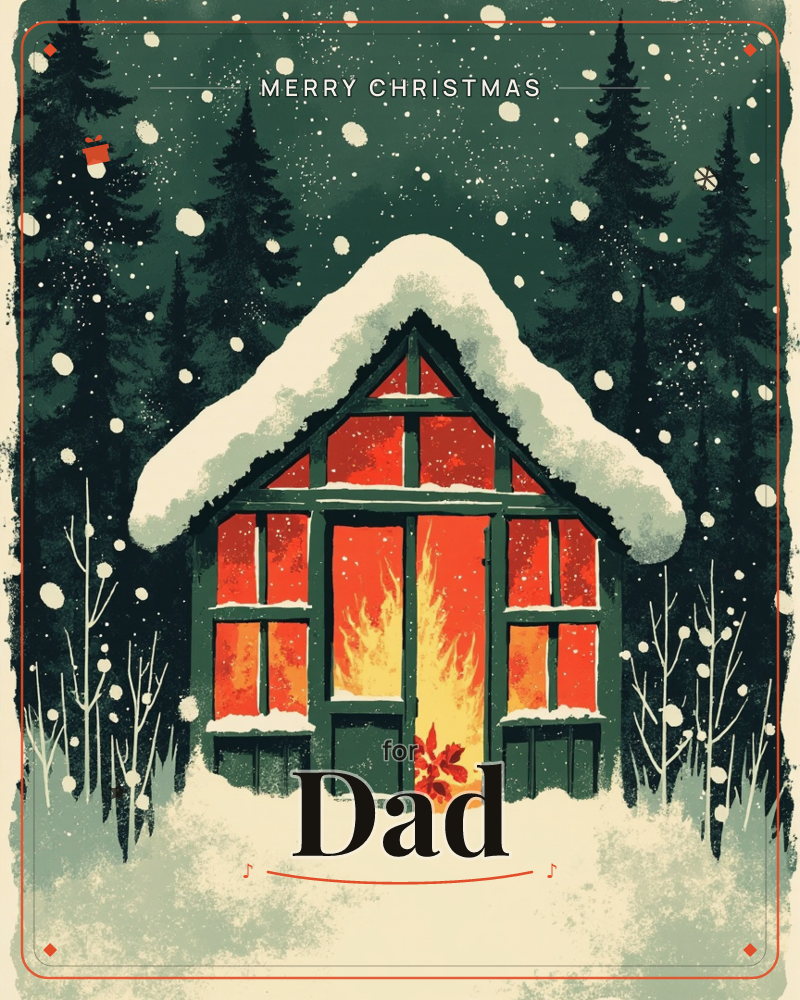 A snow-laden cabin glows fiery orange from within, its peaked roof buried under a thick white drift while dark evergreen forest looms behind, a christmas e-card design