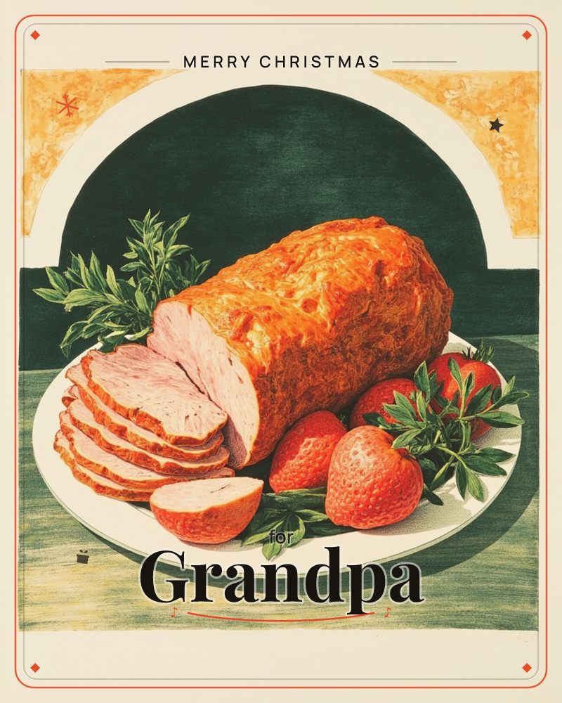 A sliced roast joint sits on a white platter, its golden crust glistening above pale pink meat, surrounded by strawberries and a sprig of fresh herbs, a christmas e-card design