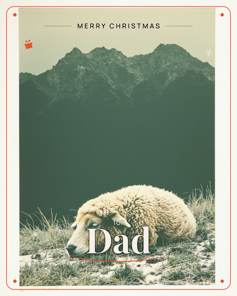 A shaggy, cream-fleeced sheep lies curled in tussock grass, head resting low and eyes half-closed, with a jagged mountain range rising dark against a…, a christmas e-card design