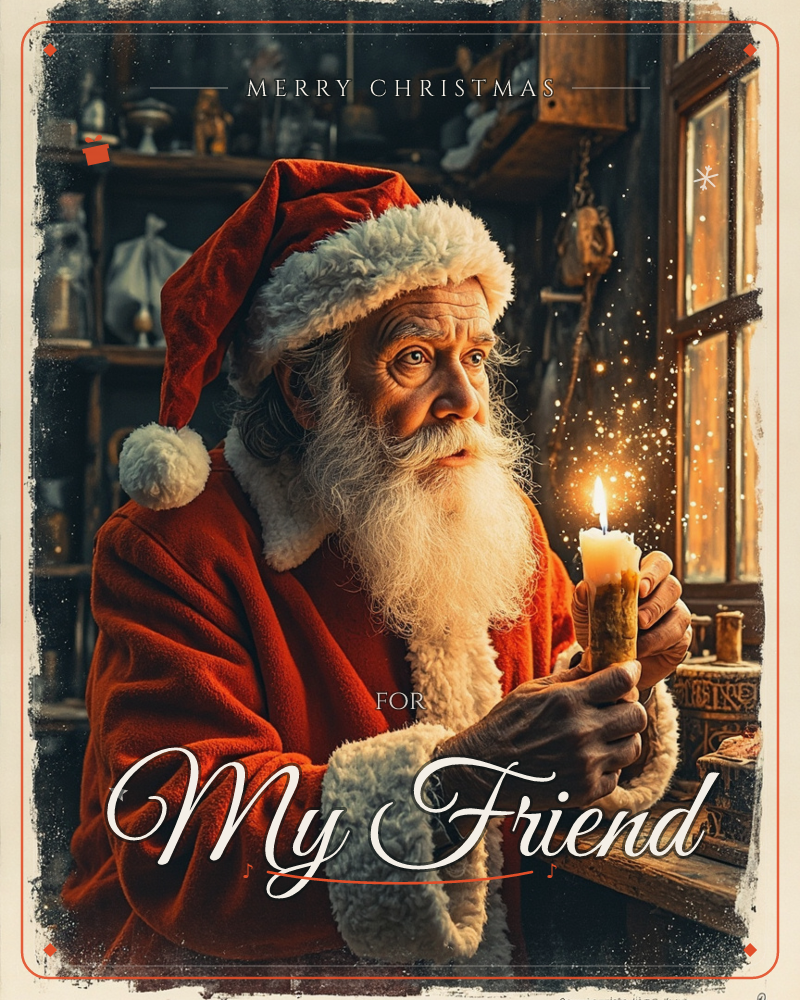 A man dressed as Santa sits in a cluttered wooden workshop, cradling a lit candle in his weathered hands as sparks drift upward into the air, a christmas e-card design