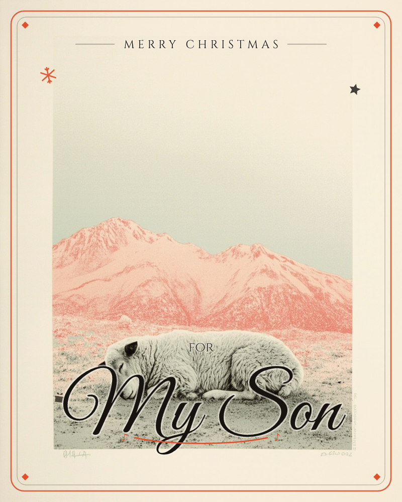 A shaggy sheep lies curled asleep on open ground, its wool rendered in fine cross-hatched detail, while a range of pink-tinted mountains rises behind…, a christmas e-card design
