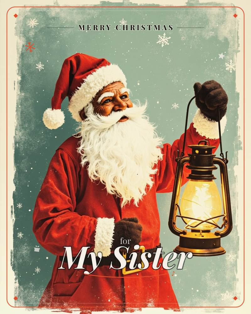 Santa Claus stands against a muted teal backdrop dusted with falling snowflakes, holding up a glowing brass lantern that lights his face from below, a christmas e-card design
