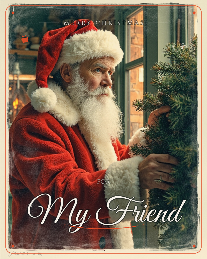 Santa Claus in his red fur-trimmed coat and cap stands beside a window, carefully arranging a fresh pine branch with both hands, a christmas e-card design