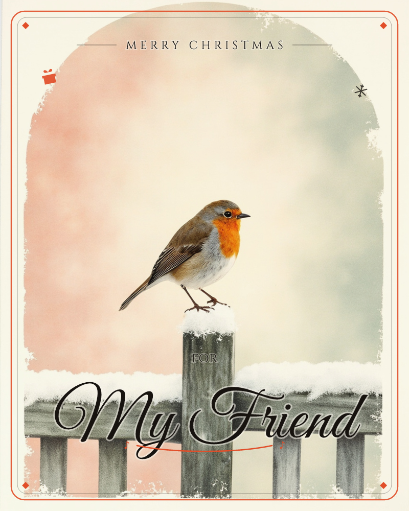 A robin with a bright orange breast perches on a snow-capped wooden fence post, set within a painted arch of soft pink and grey mist, a christmas e-card design