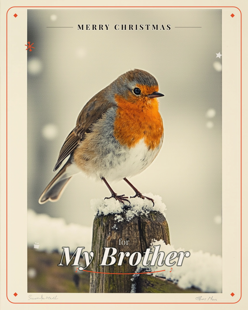 A robin with a bright orange breast perches on a snow-dusted wooden fence post, its feathers puffed against the cold, a christmas e-card design