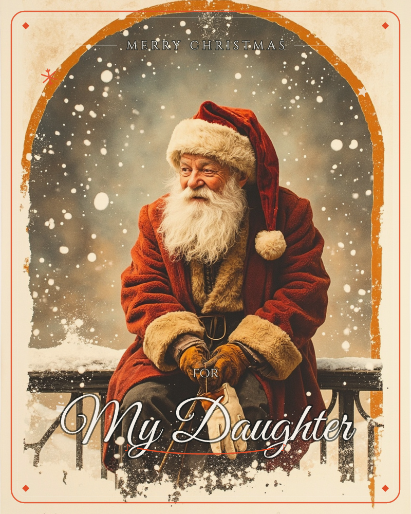 An arched, weathered frame holds a portrait of a man dressed as Santa, seated on a snowy railing with fur-trimmed red coat and cap, his long white…, a christmas e-card design