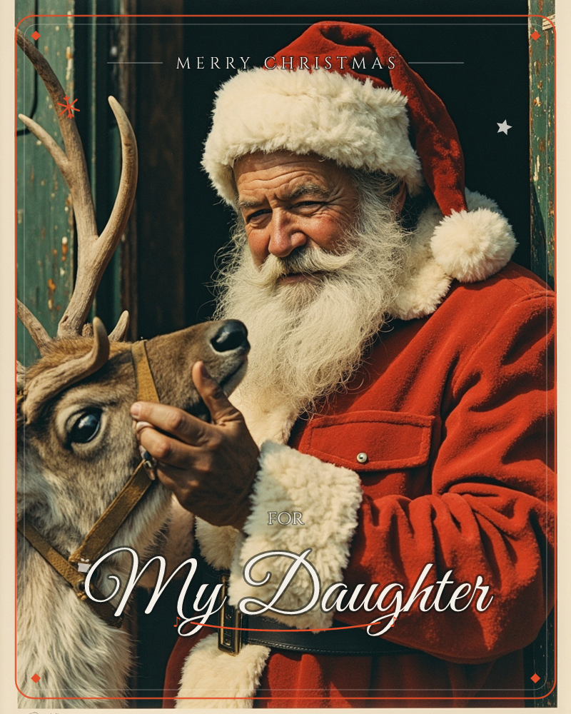 A weathered Santa in a red fur-trimmed coat and cap leans in a barn doorway, gently adjusting the leather harness of a reindeer nuzzling close to him, a christmas e-card design