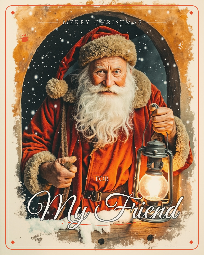 A weathered Santa figure leans through an arched wooden window into a snowy night, holding a glowing lantern in one hand and a coiled rope over his…, a christmas e-card design