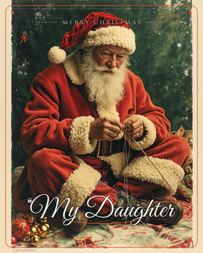 A weathered figure dressed as Santa sits cross-legged on the ground, carefully threading string through his fingers as if tying up a package or mending…, a christmas e-card design