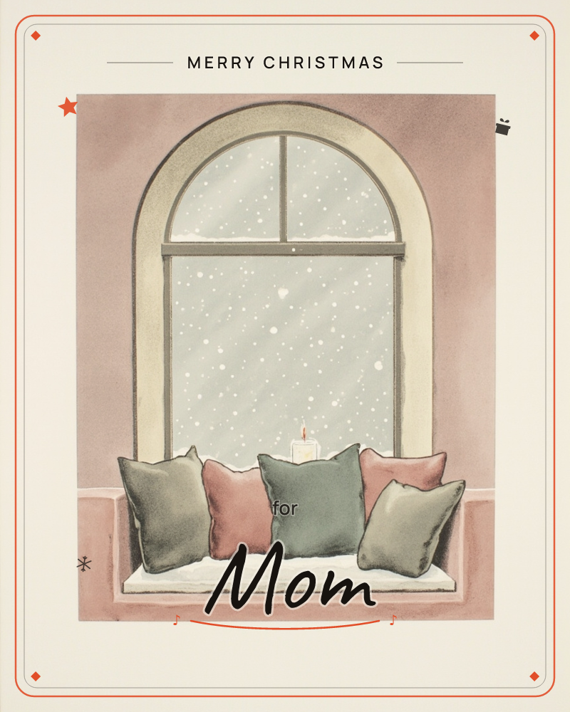 An arched window seat is piled with soft cushions in muted olive, dusty rose and sage, with a single lit candle nestled among them, a christmas e-card design