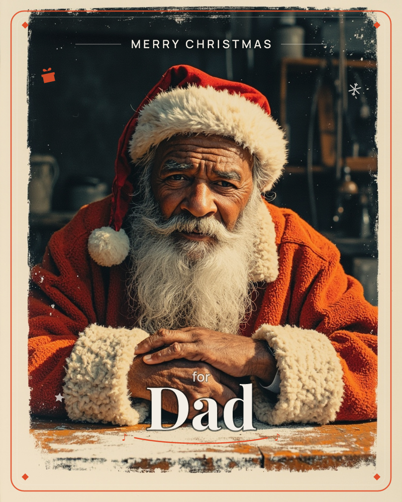 A man in a red Santa suit with white fur trim sits at a worn wooden table, hands folded, gazing steadily at the viewer with a knowing half-smile, a christmas e-card design