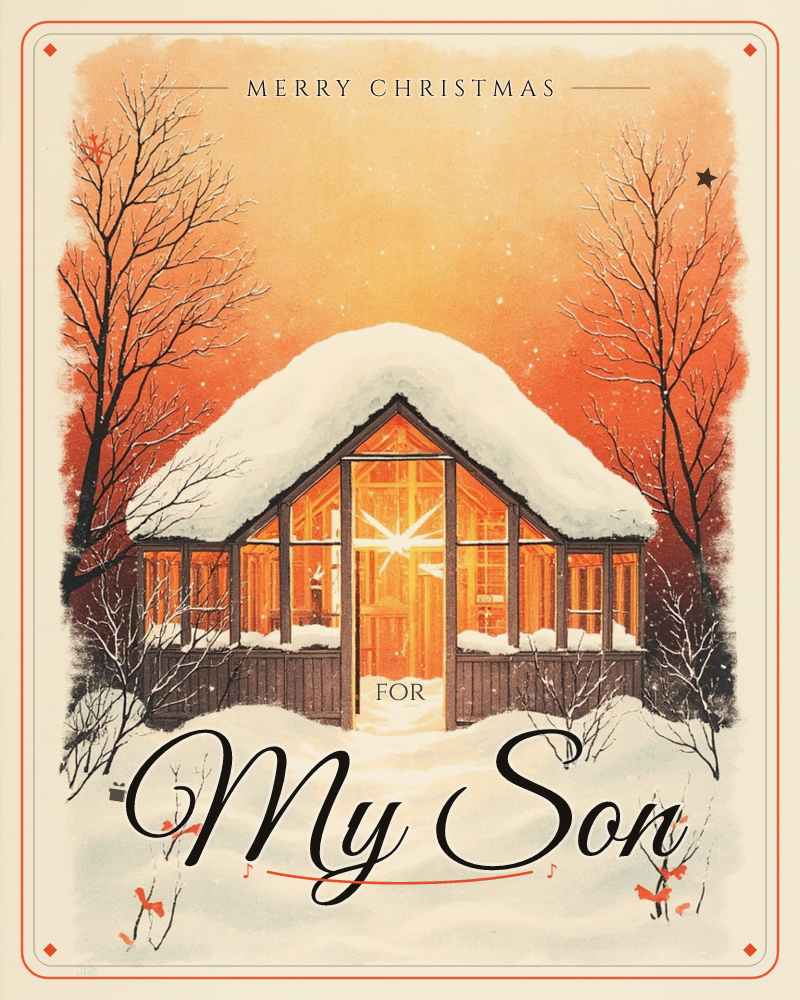 A snow-capped glass cabin glows with warm amber light beneath a burnt-orange winter sky scattered with stars, a christmas e-card design