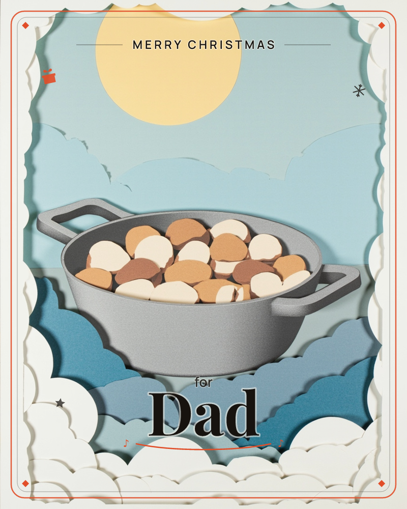 A layered paper-cut illustration shows a grey pot filled with speckled brown and cream eggs, floating among soft blue clouds beneath a pale yellow sun, a christmas e-card design