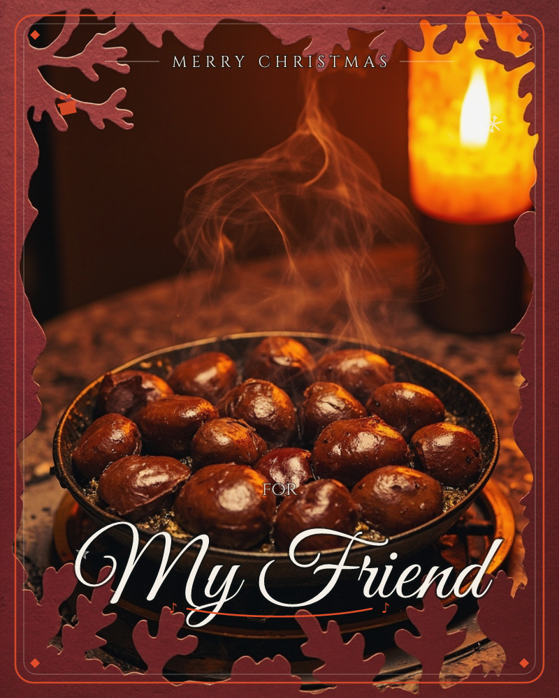 A deep-red frame with a leafy, torn-edge border opens onto a close-up of roasted chestnuts steaming in a black skillet, their skins glossy and split…, a christmas e-card design